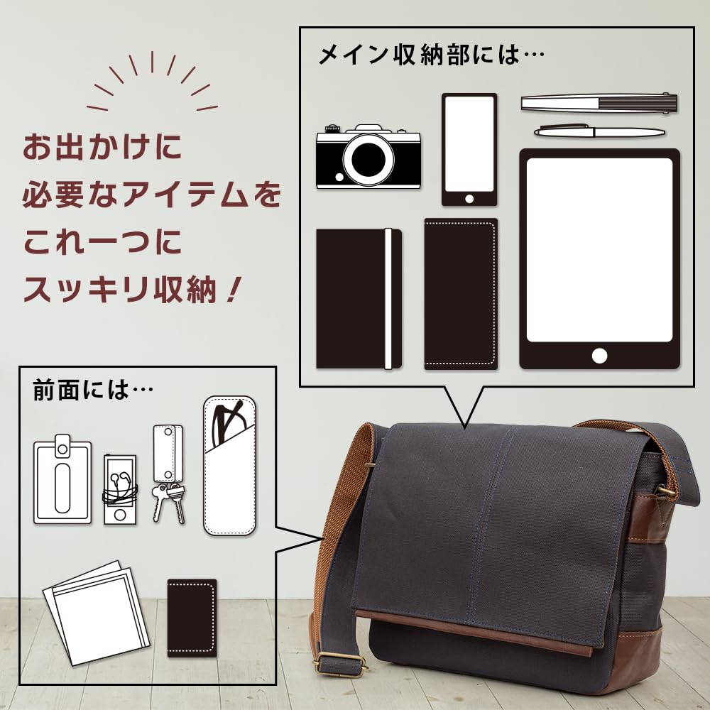 Creare Kiki Сумка через плечо для мужчин и женщин, Легкая, Кроссбоди, Сделано в Японии, Холст и кожа, окрашенные танином хурмы индиго, Средний клапан