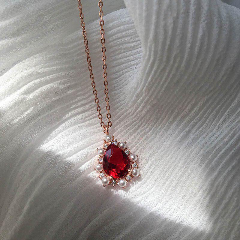 BELLA BOX Water Drop Shaped Ruby Gorgeous Elegant Pendant Necklace For Women Charm Wedding Engagement Gemstones Pearl Clavicle Chain Female Gifts