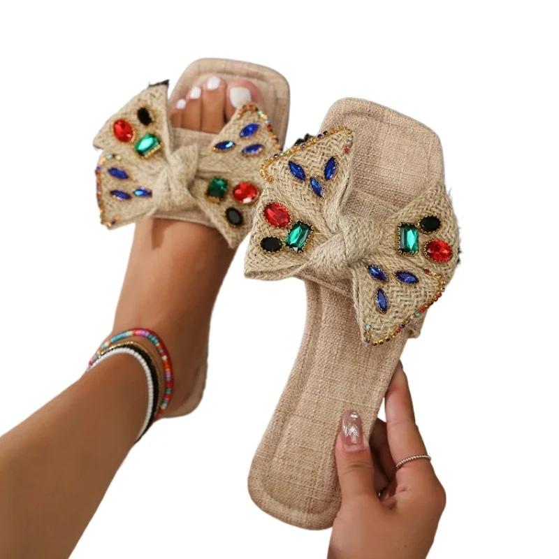 Обувь для женщин, летние новые роскошные женские тапочки со стразами, квадратный носок, модные женские шлепанцы, повседневные женские тапочки на плоской подошве