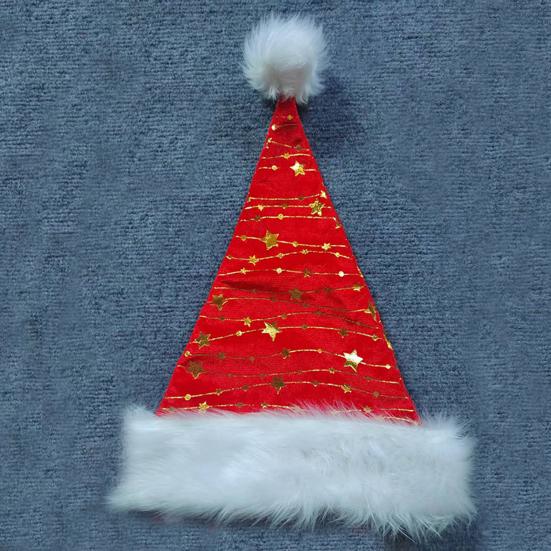 Golden Star Santa Hat Red Christmas Hat with White Fluffy Pompom Fuzzy Xmas Hat for Festive Gathering Christmas New Year Party