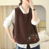 2024 Autumn Women's Retro Embroidered Knit Vest - Solid Color Sleeveless Pullover with Round Neck & Button Shoulder