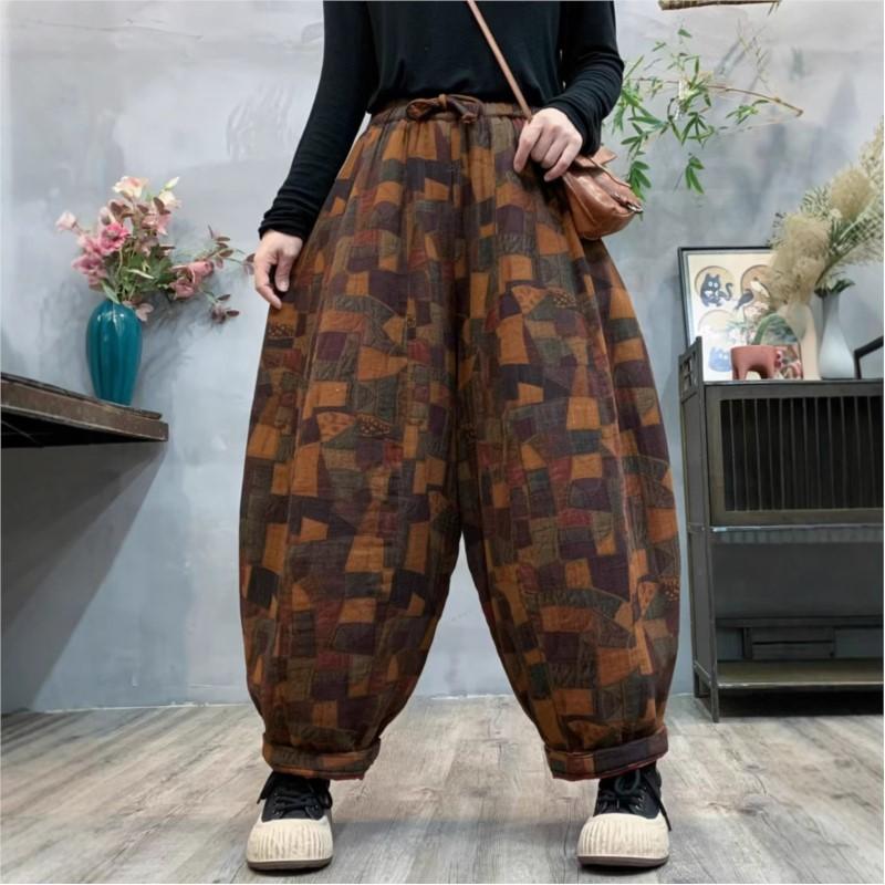 Johnature Женские зимние модные брюки-шаровары в винтажном стиле с принтом, свободные повседневные брюки с эластичной резинкой на талии в китайском стиле