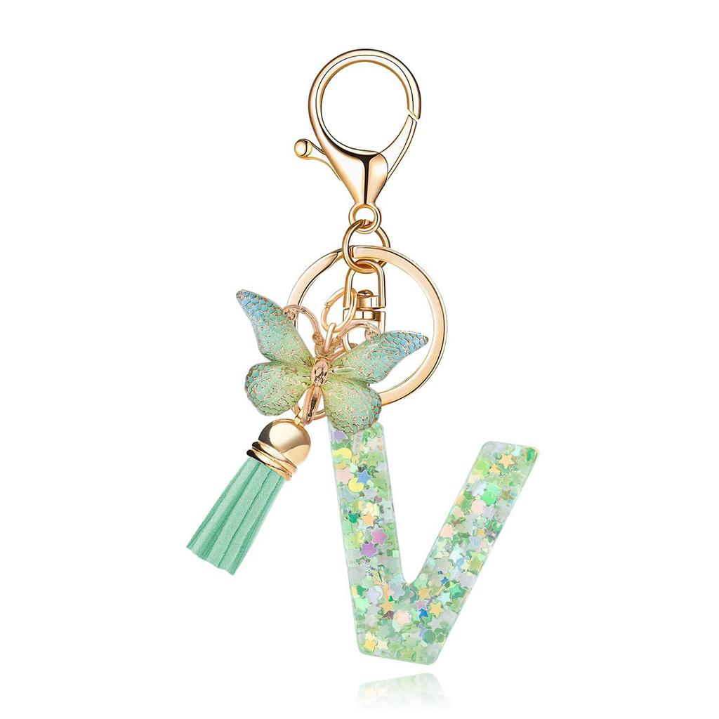 A-Z Dreamy Letters Keychain for Women Tassels Butterfly Pendant Initial Keyrings Purse Suspension Bags Car Key Chain Pink