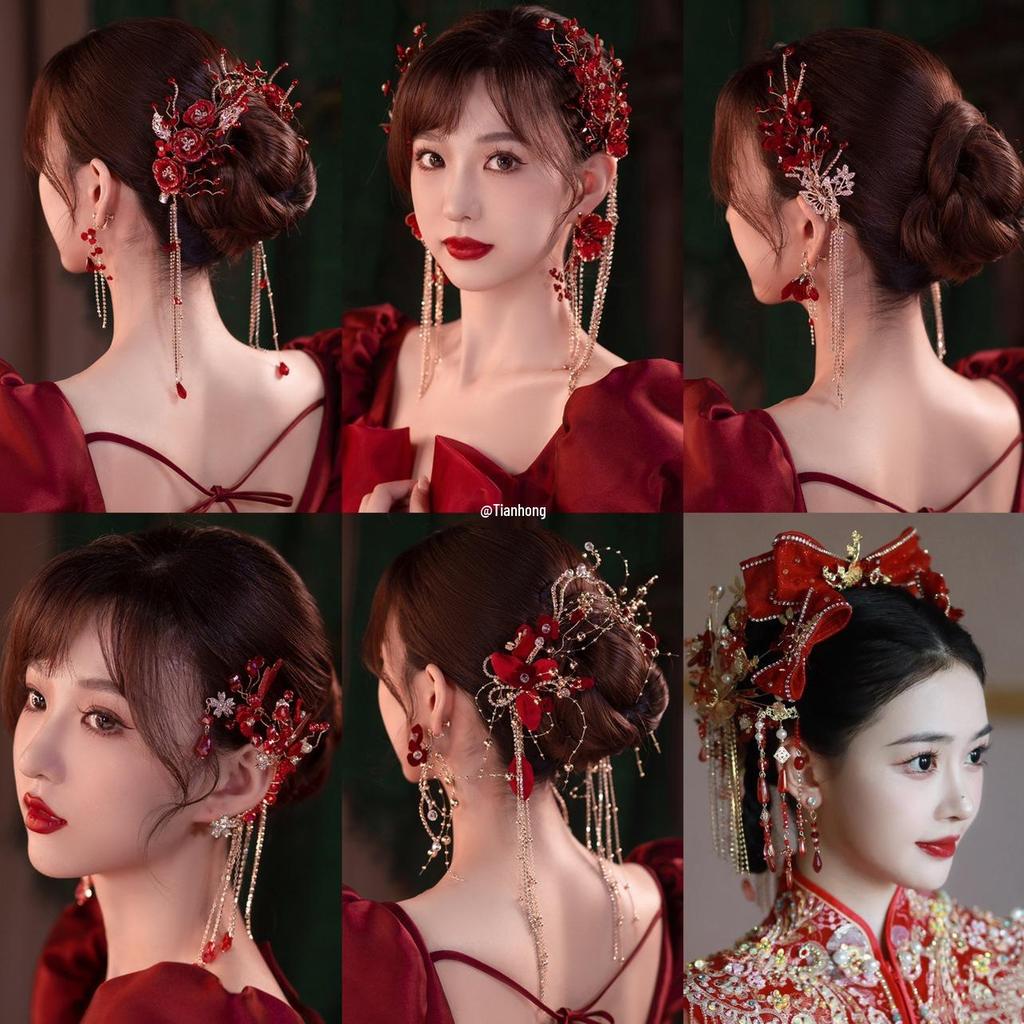 Комплект серег и головного убора с кисточками из стразов, заколки для волос с цветами и аксессуары для китайского платья для тостов винного цвета.