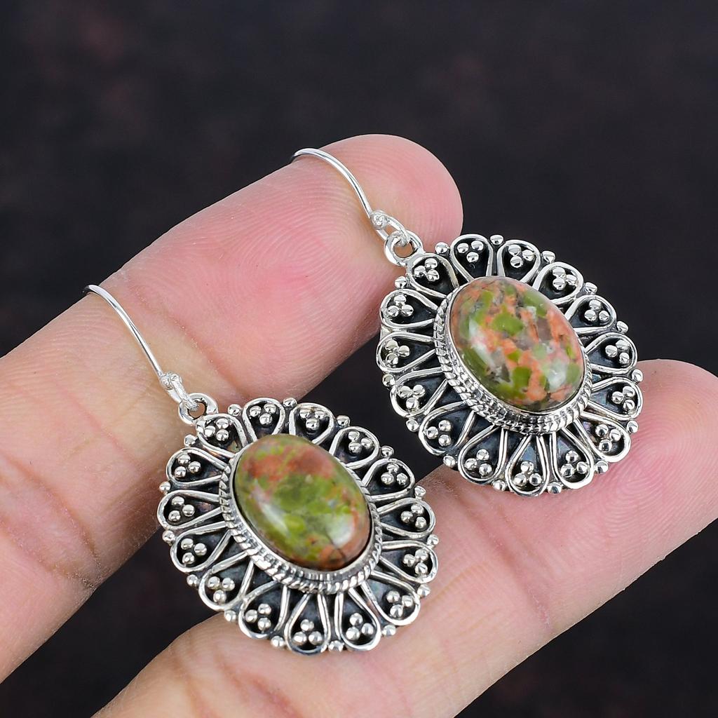Серьги из унакита, серьги из драгоценных камней, винтажные украшения, серьги из стерлингового серебра 925 пробы, очень красивые украшения из унакита, серьги ручной работы, подарки на годовщину