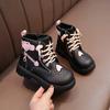 Girls Ankle Boots for Medium Big Kids Black PU Leather with Heart Deco Fashion Princess Motorcycle Rubber Boots Autumn Winter