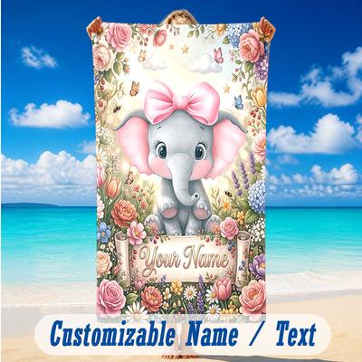Elephant Theme Beach Towel Personalized Custom Name & Text Soft Quick Dry Beach Towel for Swimming Travel
