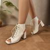 Women's Thick Heel Sandals Summer New Square Head Shallow Mouth Front Lacing Anti-slip Wear-resistant High Heels
