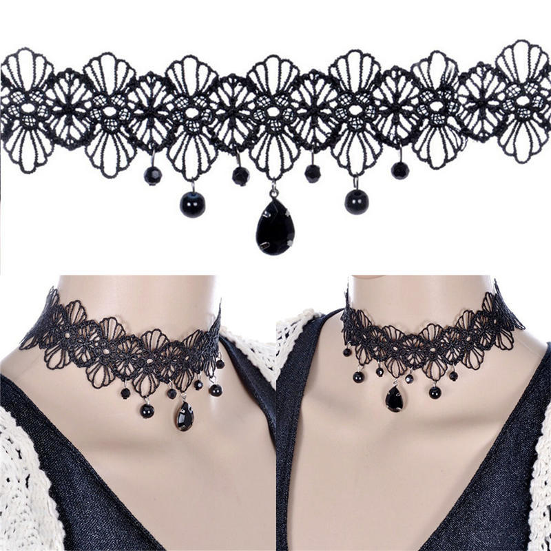 Fashion Gothic Black Lace Retro Choker Collar Flower Pendant Necklace Jewelry