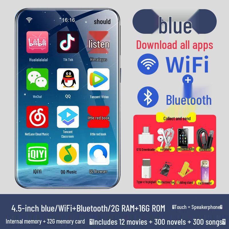 MP4/MP5-плеер с поддержкой Wi-Fi: Полноэкранное портативное устройство для музыки, видео, Bluetooth и чтения электронных книг