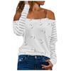 Women's Fashion Casual Love Print Striped Long-sleeved Slash-neck Metal Chain Shoulder Strap T-shirt Top
