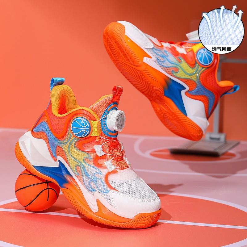 Breathable Single and Double Mesh Children's Basketball Shoes Boys 2025 Summer New Girls Non-slip Rotating Button Sneakers