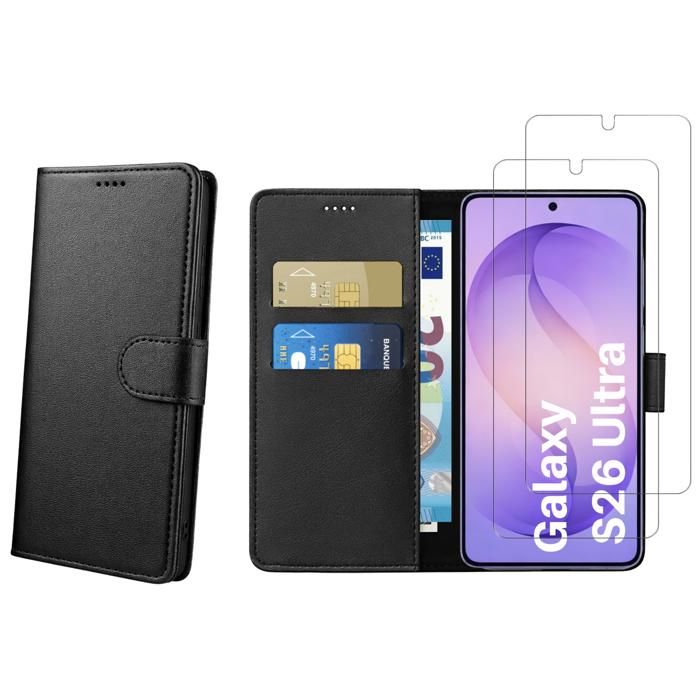 Coque pour Samsung Galaxy S26 ULTRA et 2 Verres Trempé - Portefeuille Noir Rabat Clapet Aimanté Rangement Cartes Phonillico®