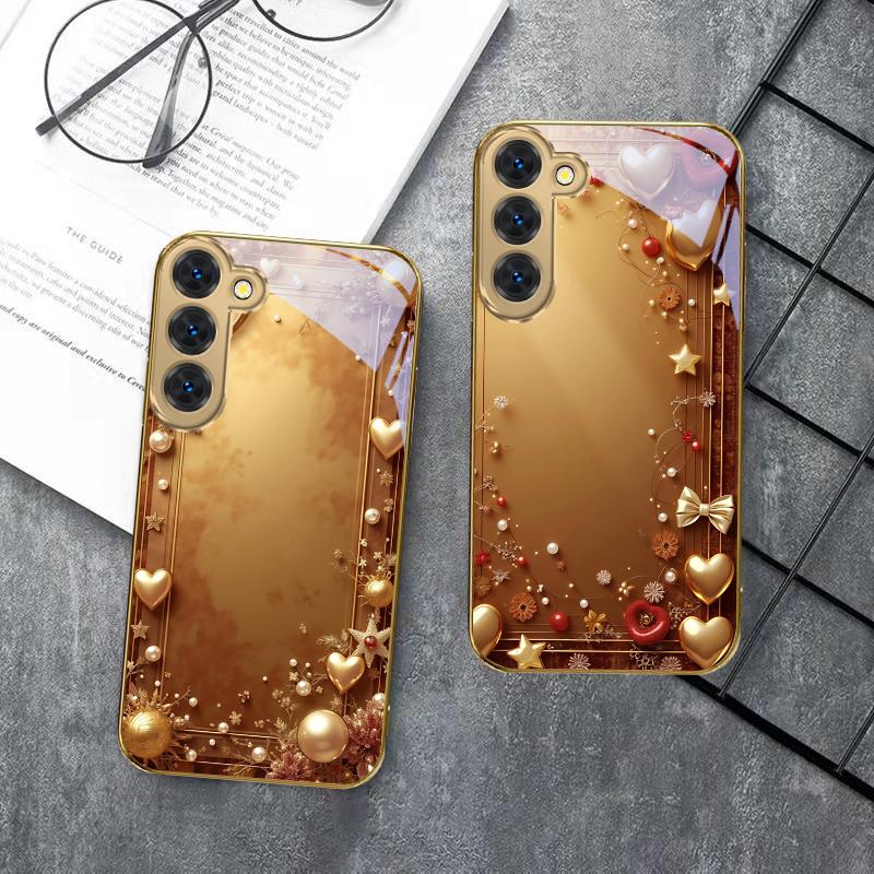 Золотая лента и бант Для Samsung Galaxy S26 S20 FE S21 S22 S23 Plus S24 Ultra S25Ultra S21+ S22Plus Золотой стеклянный чехол для телефона
