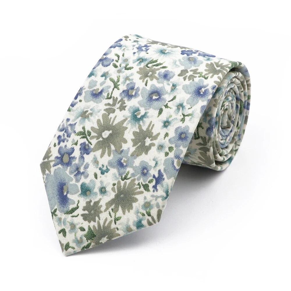 Floral Tie, For Men Women, 100% Cotton, Elegant Flower Necktie, White, Blue, Narrow Skinny, Wedding, Party