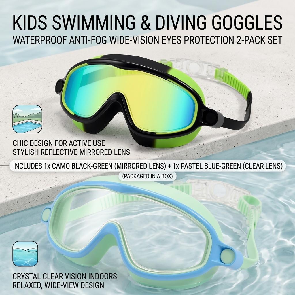 Kids Swimming Goggles Anti Fog Wide Frame Protective Lens for Pool and Diving