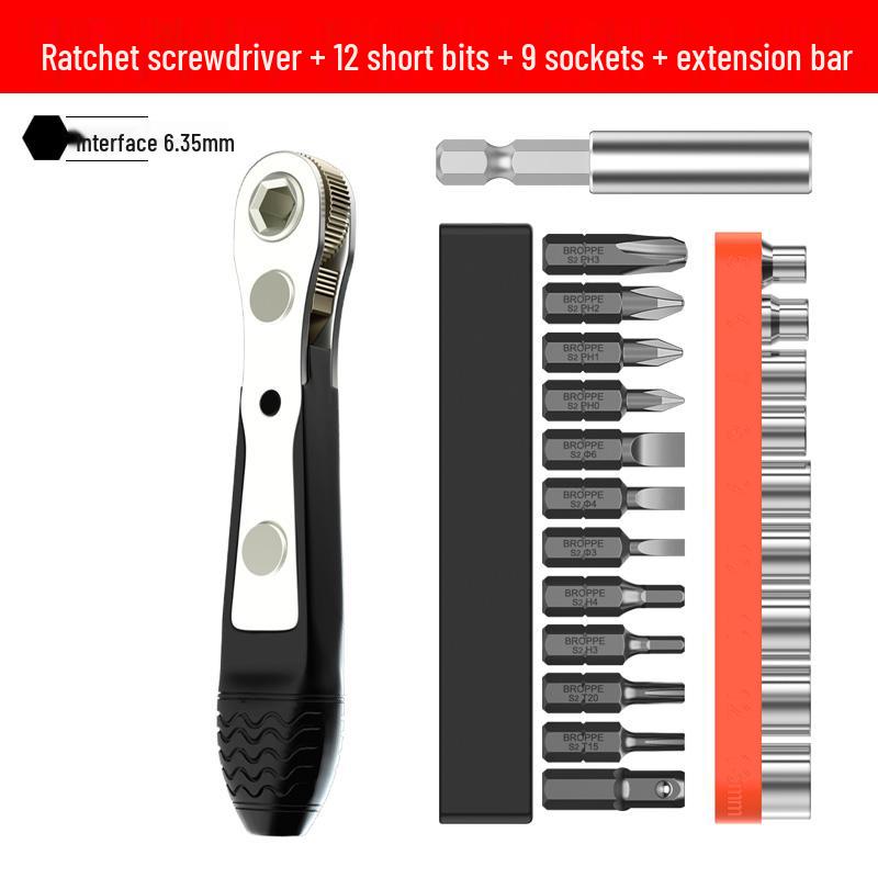 Dual-Action Ratchet Right-Angle Screwdriver Set with Short Phillips & Slotted Bits