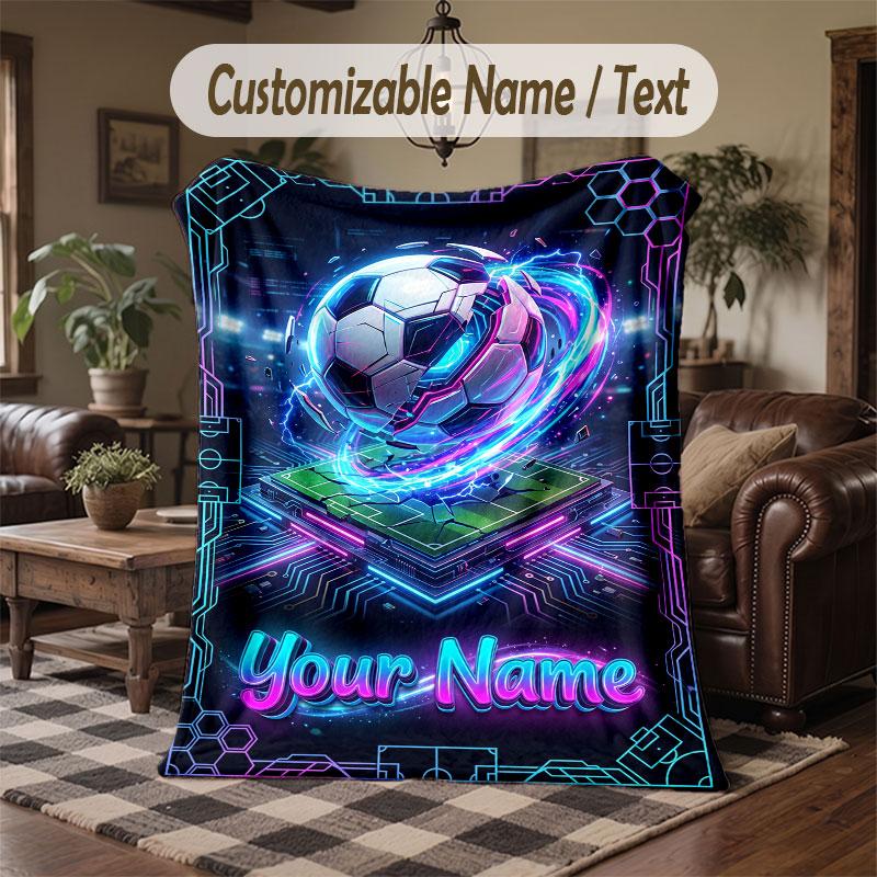 Soccer Theme Throw Blanket Custom Name Text Personalized Blanket Soft Cozy Blanket for Home Sofa Bed