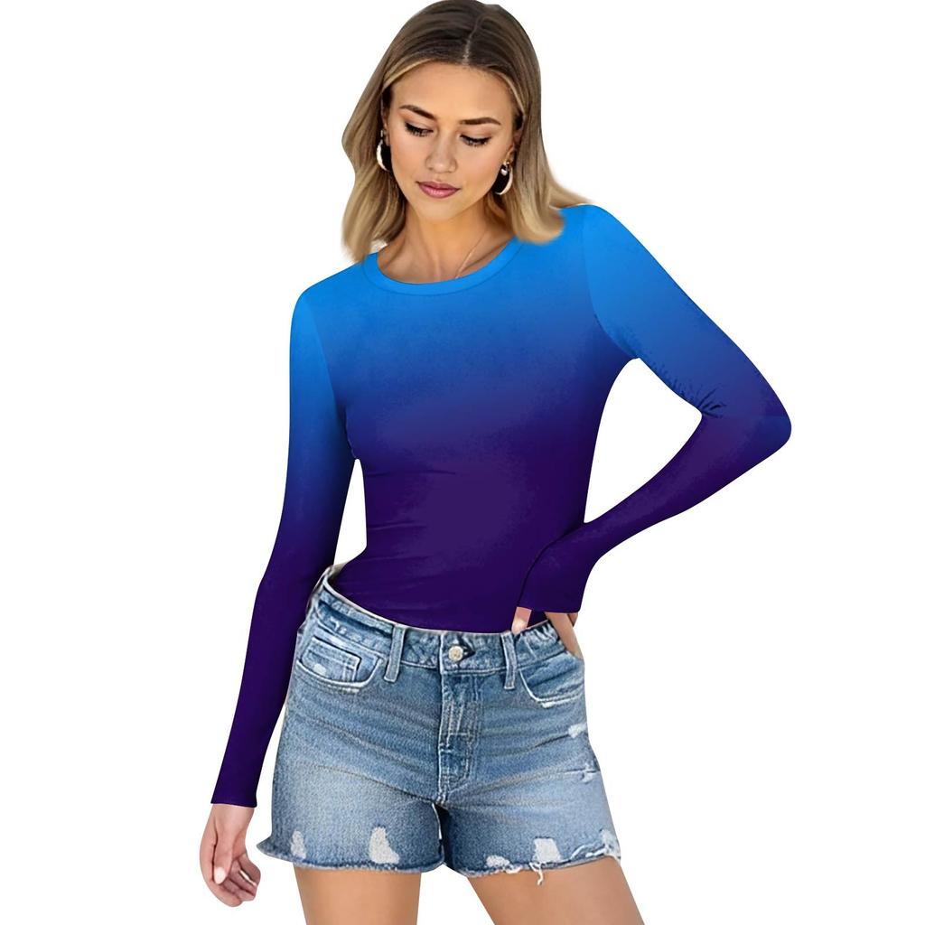 Women's  And Winter Slim Bottom T-shirt Fashion Casual Gradient Printing Round Neck Pullover Long Sleeve Top