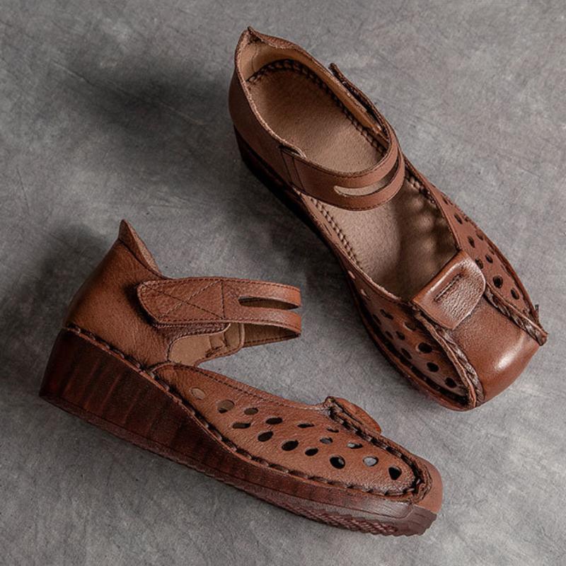 Johnature Versatile Genuine Leather Hollow-out Sandals Retro Hook & Loop Comfortable Women's Wedges Shoes