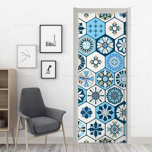 3D Geometric Door Sticker Self-adhseive Vinyl Full Door Wrap Cover Stickers Modern Abstract Geometry Wall Art Mural Decorations