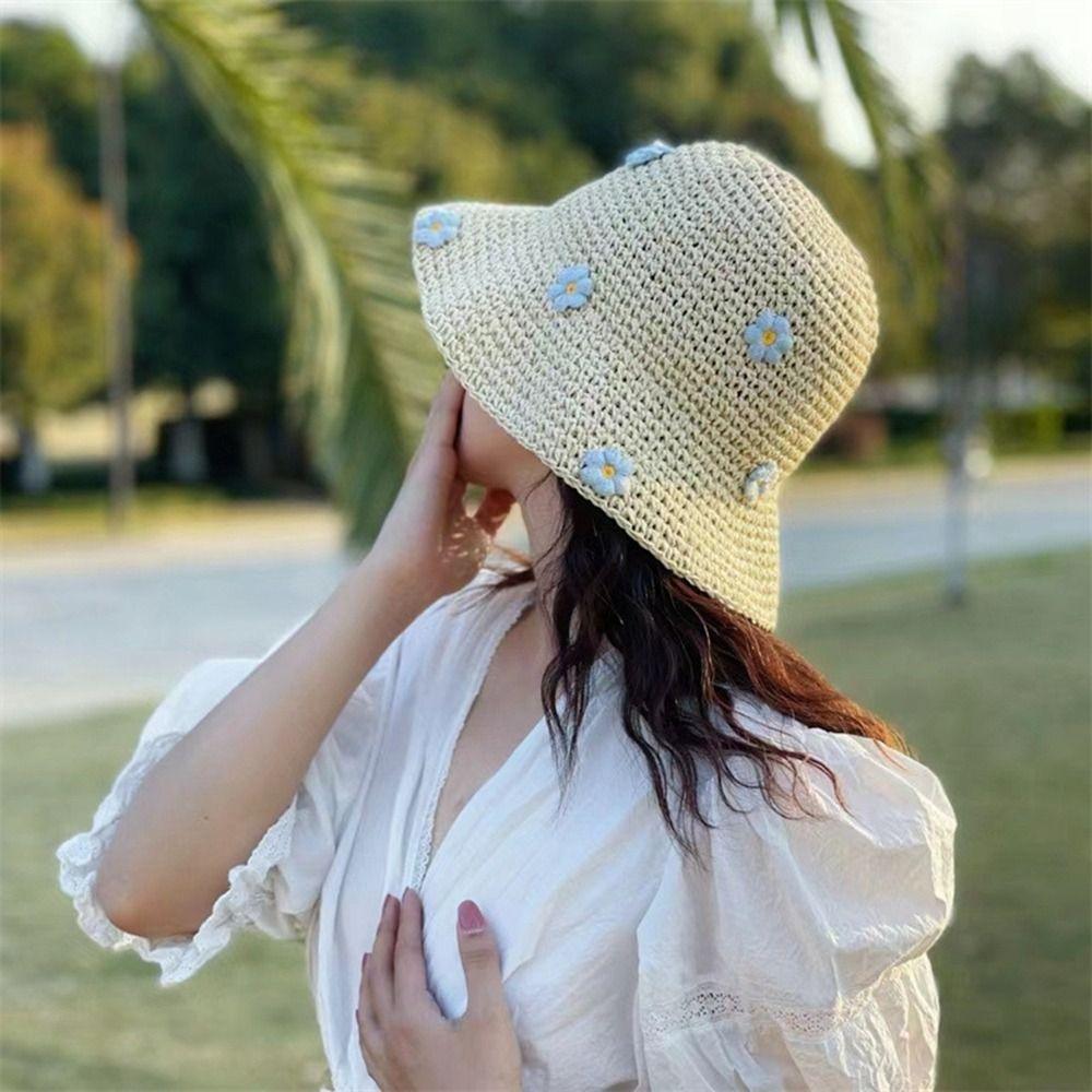 Cap Handmade Weave Sunscreen Beach Hat Flower Flat Hat Sun Protection Straw Hat Sun Hat Sun Cap