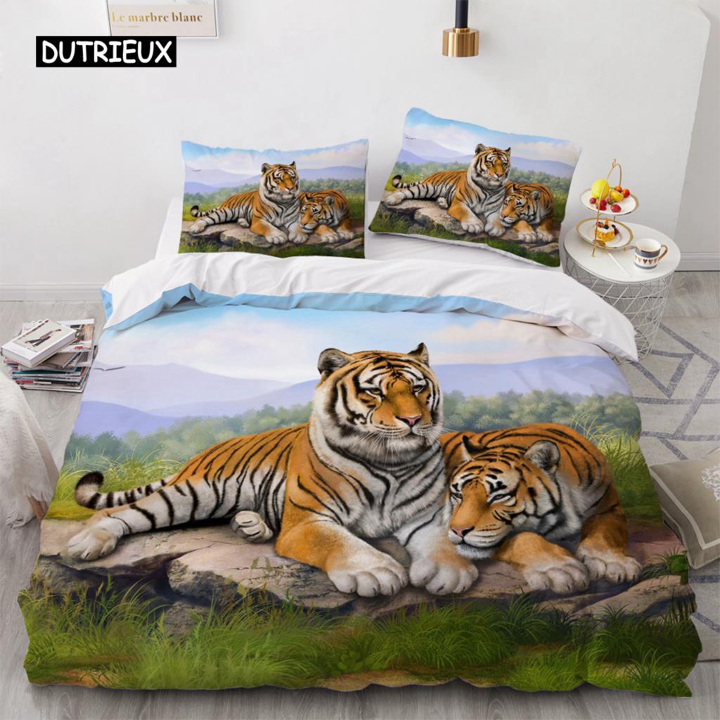 Комплект постельного белья 3D, черный пододеяльник, комплект стеганого одеяла, наволочка, размер King Queen, полиэстер с принтом тигра и животных