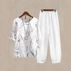 2025 foreign trade cross-border new women's clothing, casual round neck five-quarter sleeve top, digital printing women's two-piece set