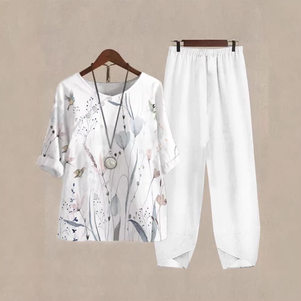 2025 foreign trade cross-border new women's clothing, casual round neck five-quarter sleeve top, digital printing women's two-piece set