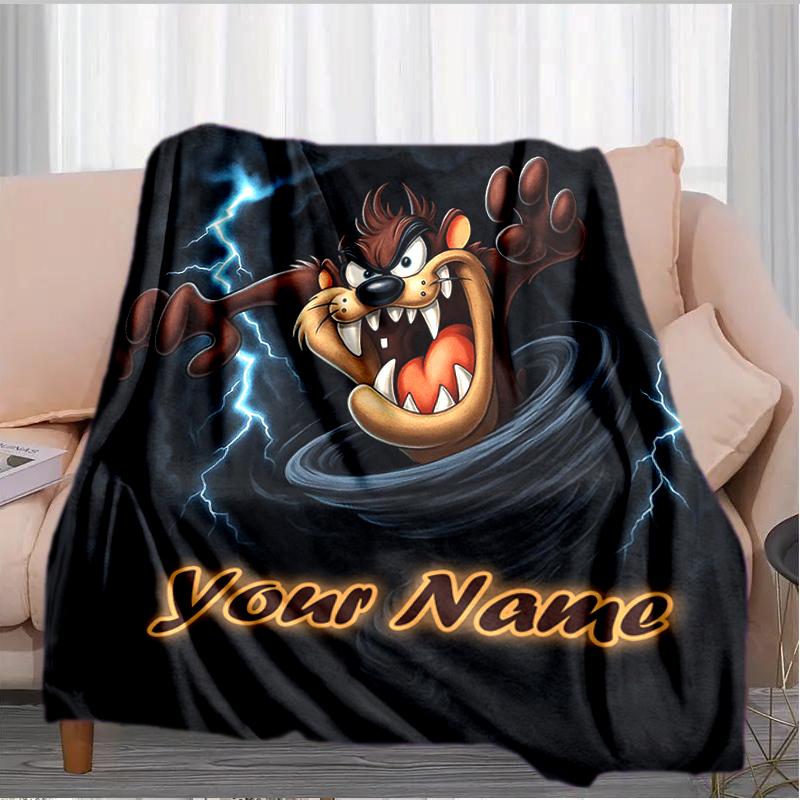 1PC Custom Name "Thunderous Tasmanian Devil" flannel blanket versatile,all-season throw suitable for the living room,bedroom,camping,travel,and gift