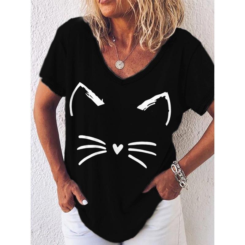 Design Sense Весна и лето Новая удобная свободная женская футболка с V-образным вырезом и короткими рукавами с 3D-принтом