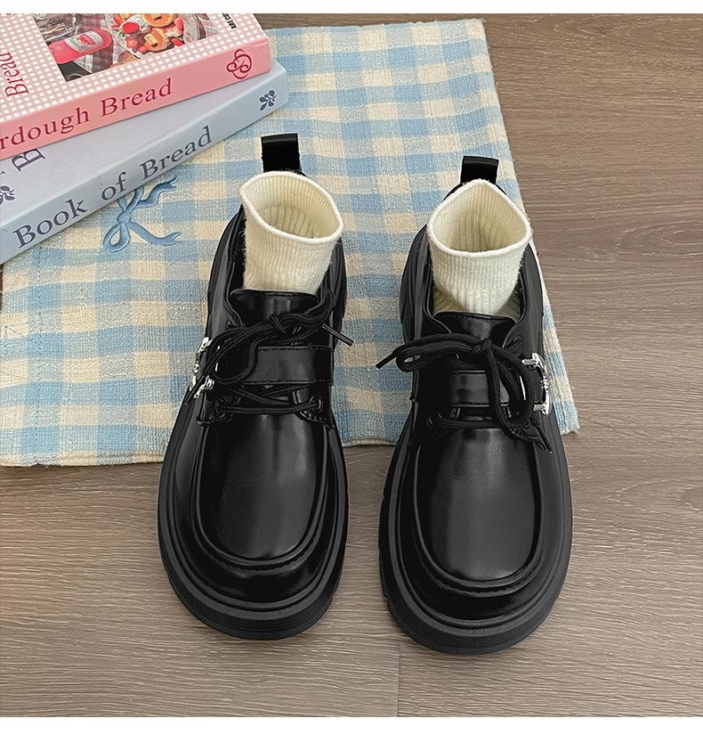 Модные черные туфли на шнуровке на платформе, увеличивающие рост, женские туфли из кожи 2025 года, новые весенне-осенние туфли с круглой юбкой и круглым носком Мэри Джейн