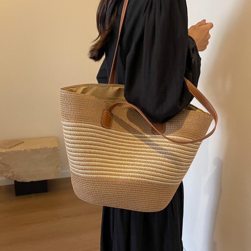 Women Fashion Striped Summer Beach Straw Knitting Shoulder Bag Hollow Out Handwoven Handbags Portable Large Capacity Casual Tote AVE