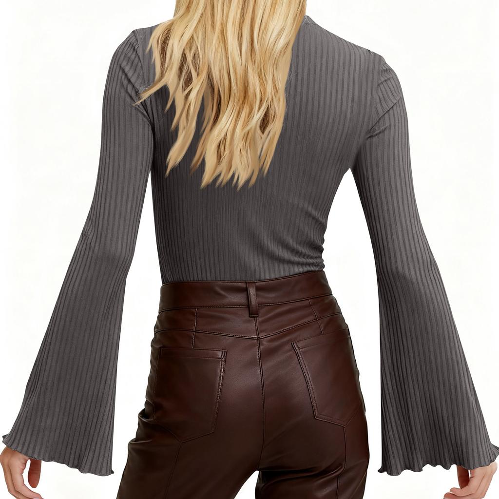 Женский модный однотонный топ с длинными рукавами-клеш