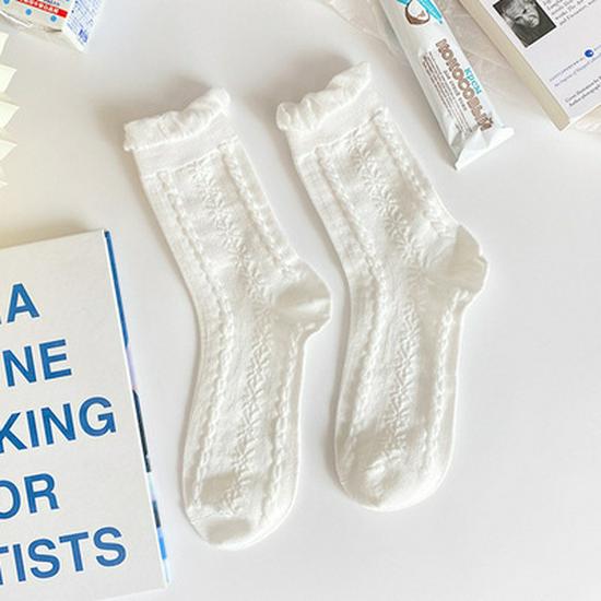 JK Spring/Summer Curled Women's Mid-Tube Cotton Socks – Trendy, Thin, Soft, Cute Japanese Style, Pure White