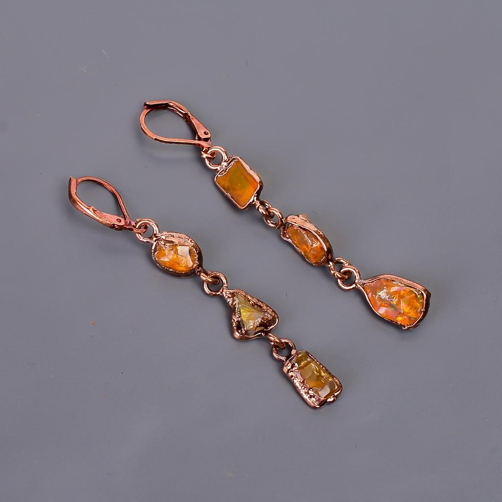 Ethiopian Opal Stone Copper Wife Gift Electroformed Dangle Drop Earrings Jewelry V-102