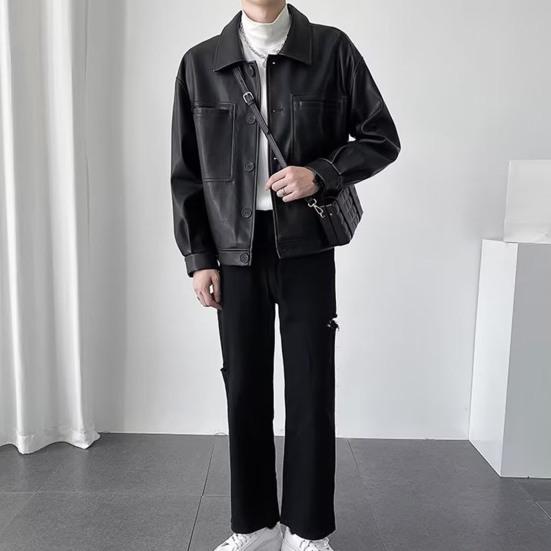 Мужская куртка с лацканами, длинными рукавами, карманами-клапанами, однобортная куртка, пальто, однотонная, свободная, водонепроницаемая, теплая, из искусственной кожи