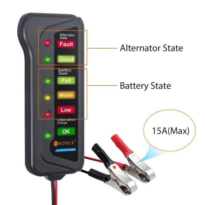 Testeur Digital de Batterie et alternateur de 12V Professionnel - 6 voyants LED - Testeur Multifonction pour Auto et Moto