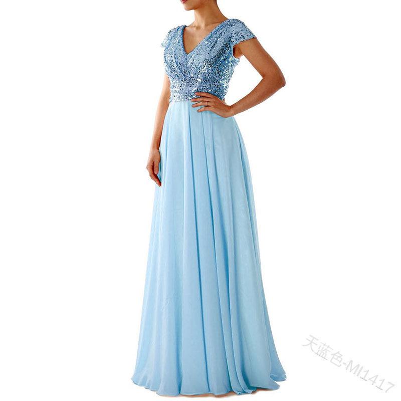 Women Neck Lace Chiffon Ball Evening Dress With Split