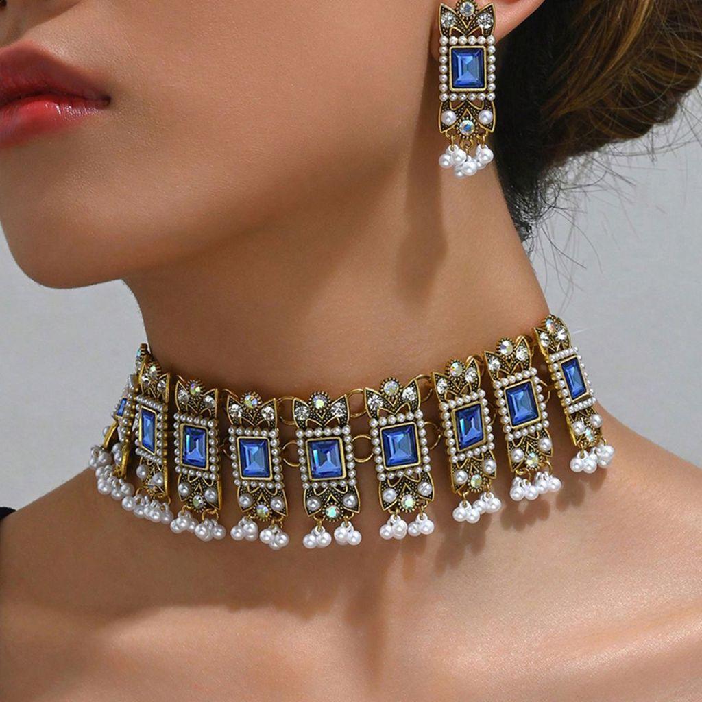 European Style Alloy Gemstone Necklace And Earrings Set With Artificial Pearl Dangles For Women