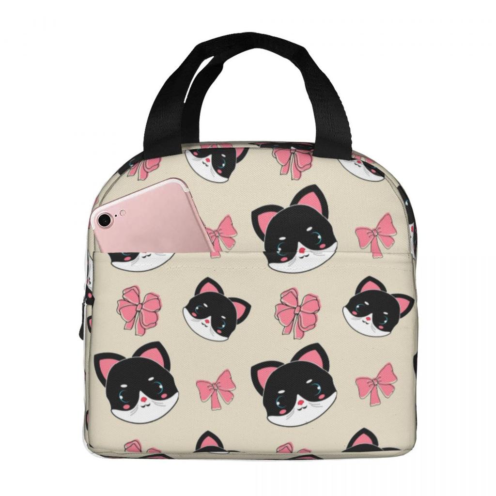 Cute Kitten With Bow Pattern Insulated Lunch Bag for Women Children Portable Food Boxes Thermal Lunch Box Tote