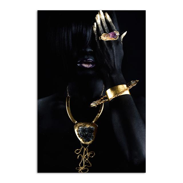 Gold Necklace African Woman Canvas Painting Figure Art Posters and Prints Black Women Wall Art Pictures for Living Room Decor