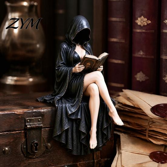 Dark Academy Home Decor Gothic Reader Statue, Hooded Skeleton Resin Figurine, Sitting Book Statue Literary for Bookshelf, Desk Library Study,