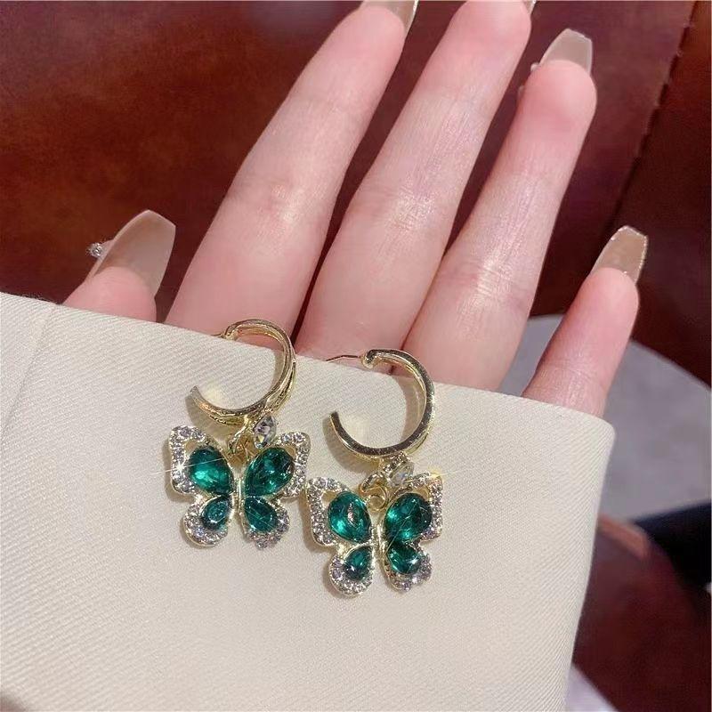 Trendy New Green Crystal Hanging Earrings Rhinestone Butteryfly Pendants Women's Drop Earrings Korean Fashion Wedding Jewelry