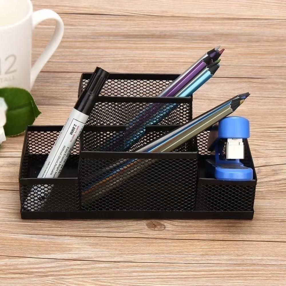 Mesh Design Pen Holder Metal Desk Stationery Organizer Pencil Storage Box Student