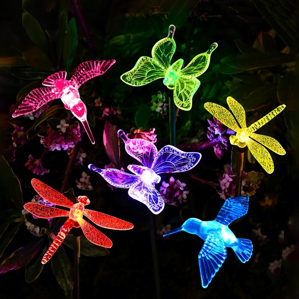 Solar Garden Decorative LED Lawn Light Dragonfly Butterfly Hummingbird Animal Shape Pastoral Design Ground Stake Outdoor