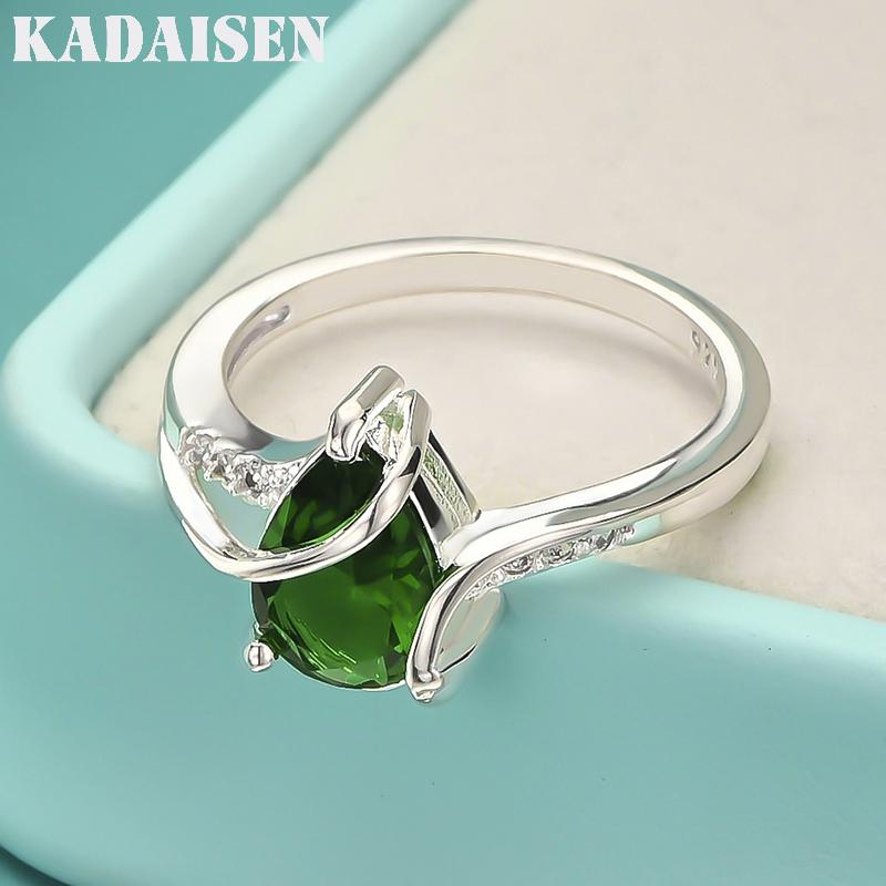 Charm 925 Sterling Silver Rings for Women Green Crystal Water Droplets Size 7 8 Fashion Party Gift Engagement Wedding Jewelry