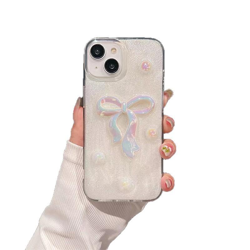 Серебристый Чехол для Телефона с Бантом из Бусин для Iphone17Promax Эпоксидный Роскошный Женский 14 Apple 15 Жемчужный 13