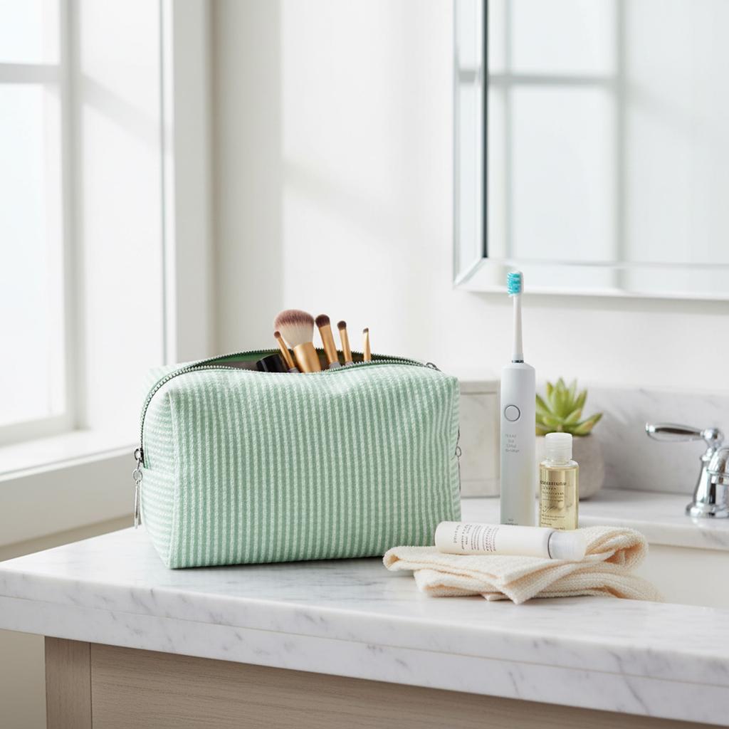 Striped Embroidered Travel Cosmetic Bag Portable Toiletry Organizer for Women Makeup Storage Pouch