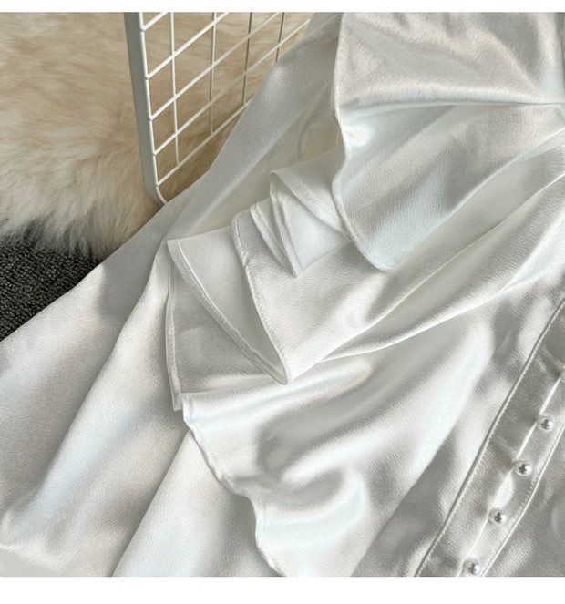 Винтажные однотонные блузки Женские Элегантный ацетатный сатин Воротник-стойка Дизайн рукавов-клеш Новые Шикарные Милые Свободные оборки Женские Топы